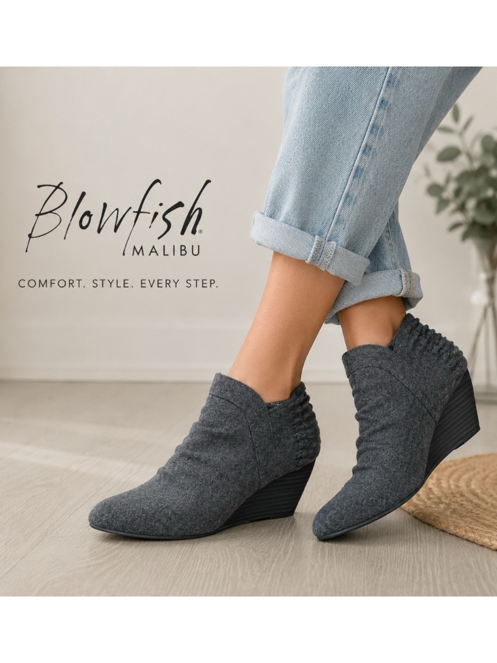 Blowfish Malibu Wedge Ankle Booties, Dark Gray Flannel, Size 6.5